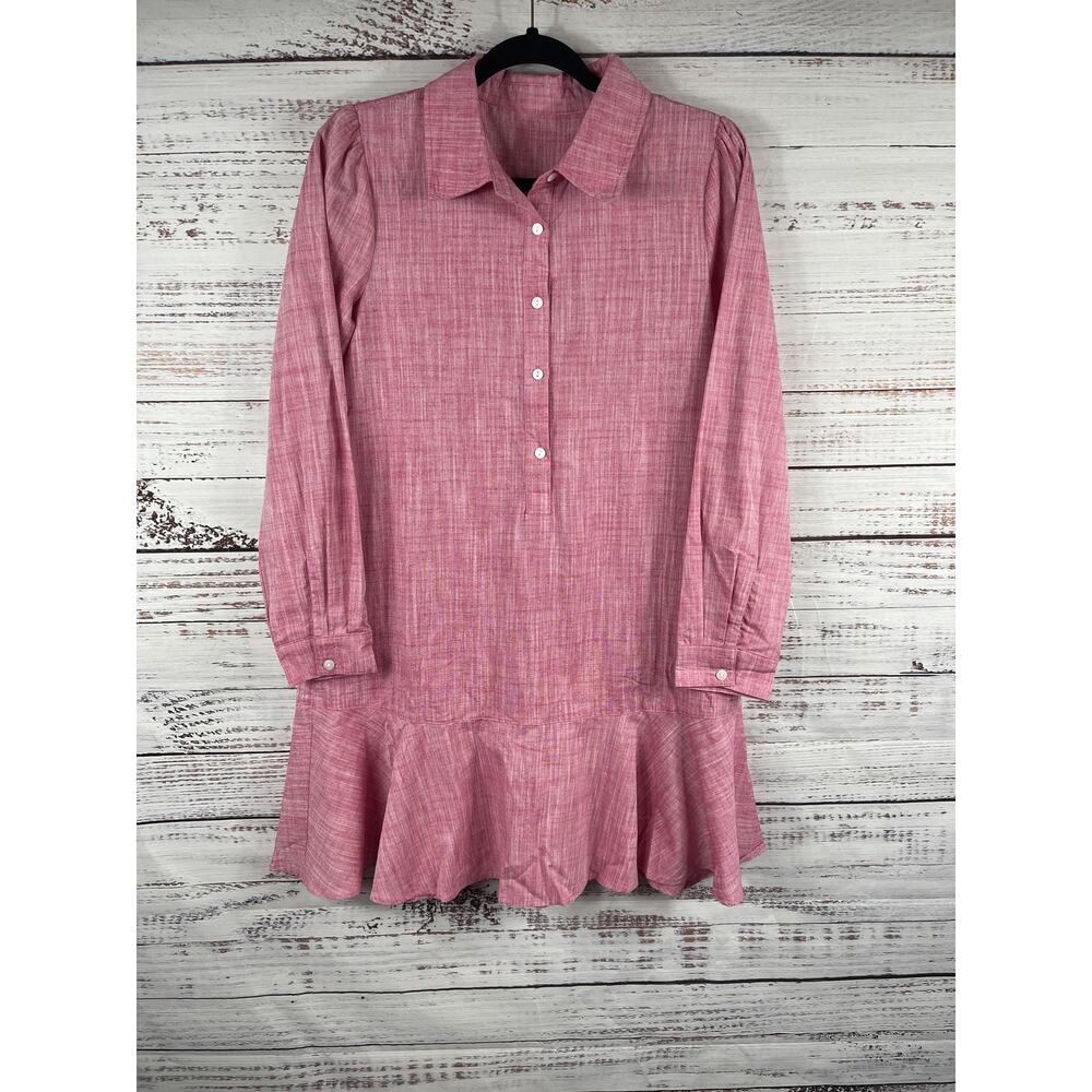 New Collection Womens Small Pink Linen Cotton Ruffle Hem Long Sleeve Casual Boho